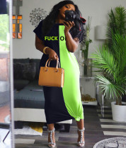 Plus Size Contrast Color Letter Short Sleeve Maxi Dress NM-N8108