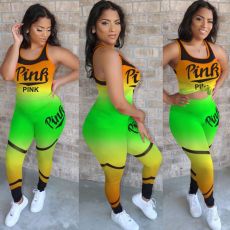 Pink Letter Print Gradient 2 Piece Pants Suit Plus Size MTY-M6303