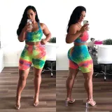 Tie Dye Print Tank Top And Shorts Fitness 2 Piece Sets WSM-A5137