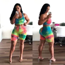 Tie Dye Print Tank Top And Shorts Fitness 2 Piece Sets WSM-A5137