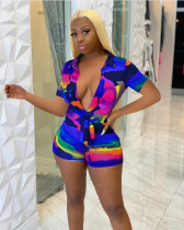 Colorful Printed Deep V Neck Sashes Rompers HM-M6199