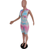 Tie Dye Print Hooded Sleeveless 2 Piece Shorts Set MEM-F8266