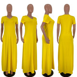 Solid V Neck Short Sleeve Casual Loose Maxi Dress LDS-T3205