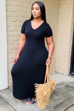 Solid V Neck Short Sleeve Casual Loose Maxi Dress LDS-T3205