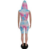 Tie Dye Print Hooded Sleeveless 2 Piece Shorts Set MEM-F8266