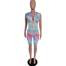 Tie Dye Print Hooded Sleeveless 2 Piece Shorts Set MEM-F8266