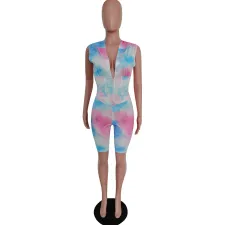 Tie Dye Print Hooded Sleeveless 2 Piece Shorts Set MEM-F8266