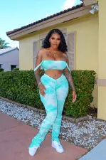 Tie Dye Crop Top Stacked Pants Two Piece Suits OY-L6100
