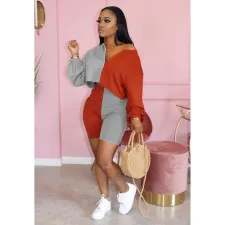 Plus Size Patchwork Long Sleeve 2 Piece Shorts Set FNN-N8377
