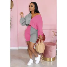 Plus Size Patchwork Long Sleeve 2 Piece Shorts Set FNN-N8377