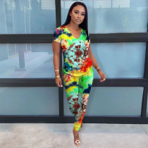 Casual Printed V Neck Short Sleeve 2 Piece Pants Set NIK-112