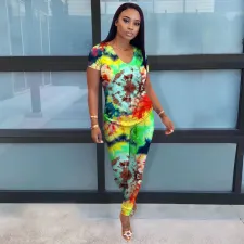 Casual Printed V Neck Short Sleeve 2 Piece Pants Set NIK-112