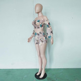 Plus Size Floral Print Slash Neck Two Piece Shorts Set BN-B9892
