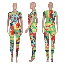 Casual Printed V Neck Short Sleeve 2 Piece Pants Set NIK-112