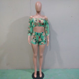 Plus Size Floral Print Slash Neck Two Piece Shorts Set BN-B9892