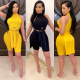 Solid High Split Sleeveless Top And Shorts 2 Piece Sets BN-B9302