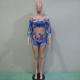 Plus Size Floral Print Slash Neck Two Piece Shorts Set BN-B9892
