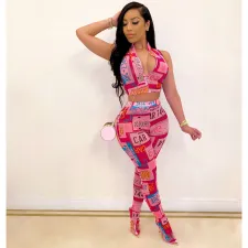 Casual Printed Zipper Sleeveless 2 Piece Pants Set BN-B9300