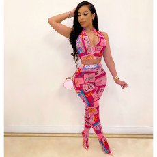 Casual Printed Zipper Sleeveless 2 Piece Pants Set BN-B9300
