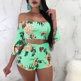 Plus Size Floral Print Slash Neck Two Piece Shorts Set BN-B9892