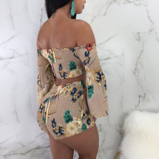 Plus Size Floral Print Slash Neck Two Piece Shorts Set BN-B9892
