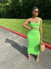 Solid Spaghetti Strap Maxi Skirt Hollow Two Piece Sets BGN-BN060