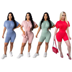 Solid Short Sleeve Waist Two Piece Shorts Set YIM-k8106