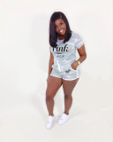Pink Letter Print Camouflage 2 Piece Shorts Set LUO-B3056