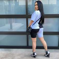 Plus Size Letter Print Patchwork Two Piece Shorts Set NM-8201