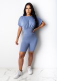 Solid Short Sleeve Waist Two Piece Shorts Set YIM-k8106