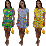 Cartoon Print T Shirt High Waist Pleated Mini Skirt 2 Piece Set MIL-L098
