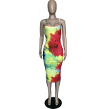 Tie Dye Print Cross Strap Backless Slim Midi Dress BGN-BN058