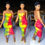 Sexy Tie Dye Print Backless Cross Strap Midi Dress BGN-BN058-1