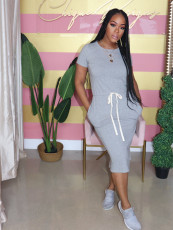 Solid Elastic Waist Short Sleeve Casual Midi Dress AIL-092