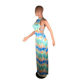 Sexy Tie Dye Sleeveless Lace Up Maxi Dress BS-YZ1180
