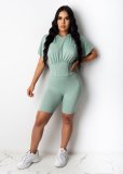 Solid Short Sleeve Waist Two Piece Shorts Set YIM-k8106