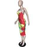 Tie Dye Print Cross Strap Backless Slim Midi Dress BGN-BN058