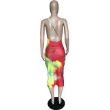 Tie Dye Print Cross Strap Backless Slim Midi Dress BGN-BN058