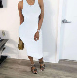 Plus Size Solid Sleeveless Ruched Slim Midi Tank Dress BGN-BN052