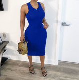 Plus Size Solid Sleeveless Ruched Slim Midi Tank Dress BGN-BN052