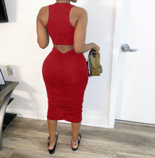 Plus Size Solid Sleeveless Ruched Slim Midi Tank Dress BGN-BN052