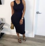 Plus Size Solid Sleeveless Ruched Slim Midi Tank Dress BGN-BN052