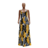 Leaves Print Big Swing Spasghetti Strap Maxi Dress TR-1019