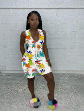 Cartoon Print Sleeveless Zipper Skinny Rompers WY-6670