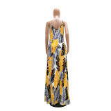 Leaves Print Big Swing Spasghetti Strap Maxi Dress TR-1019
