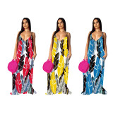 Leaves Print Big Swing Spasghetti Strap Maxi Dress TR-1019