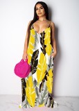 Leaves Print Big Swing Spasghetti Strap Maxi Dress TR-1019