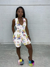 Cartoon Print Zipper Sleeveless Skinny Rompers WY-6669