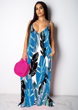 Leaves Print Big Swing Spasghetti Strap Maxi Dress TR-1019
