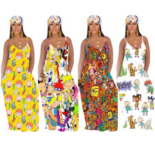 Cartoon Print Big Swing Slip Maxi Dress TR-1021